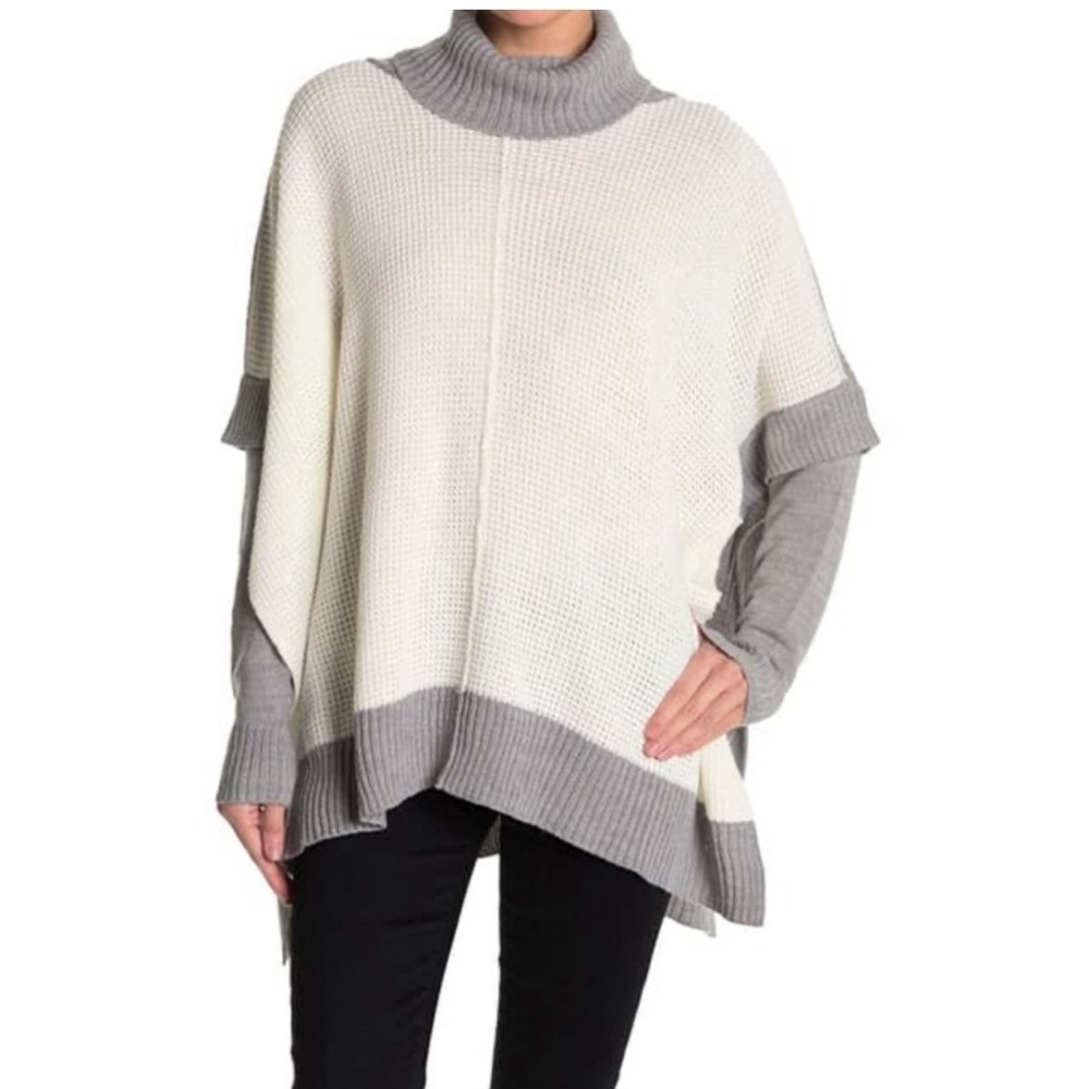 La Classe Couture Oversized Poncho Waffle Knit Sweater Cowl Neck Gray White S/M
